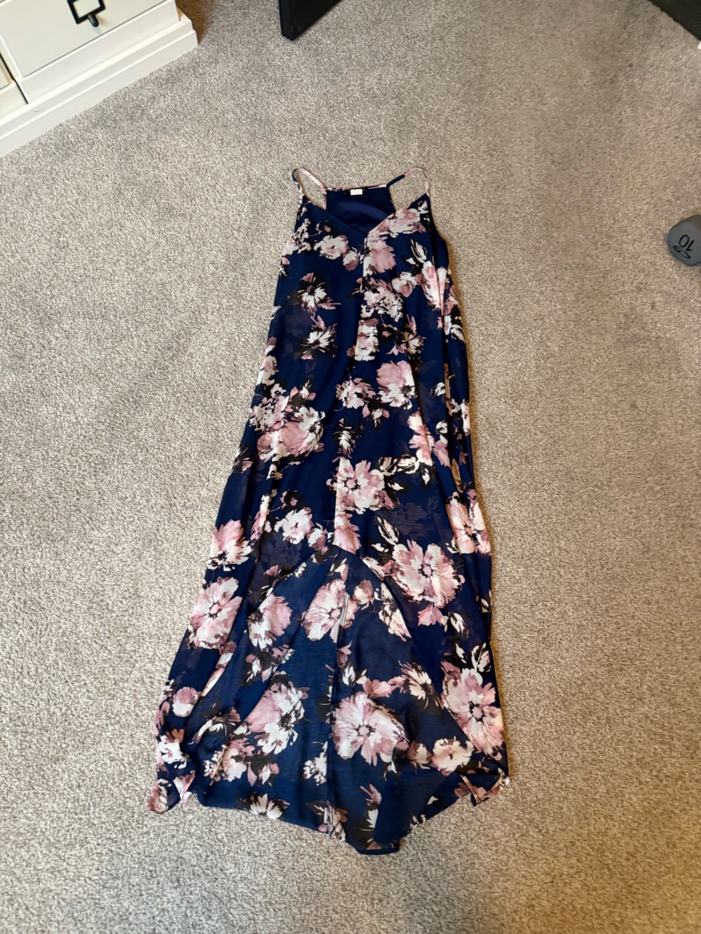 VENUS Navy Blue high/low dress with Pink Floral Trim